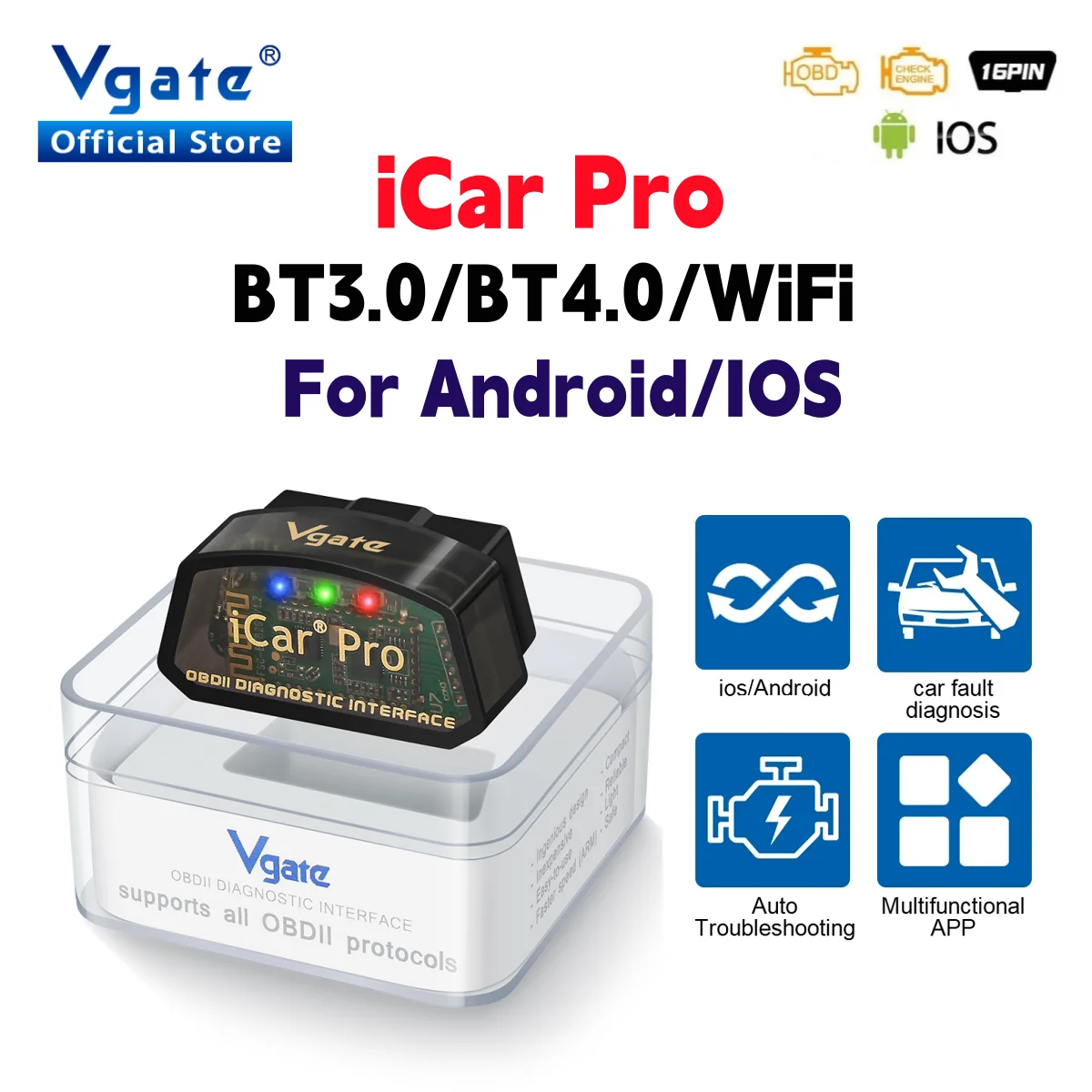 Vgate iCar Pro ڵ ڵ  ĳ, IOS ĵ    4.0, elm327 V2.3 OBD 2 OBD2 PK ELM 327 V1 5 V1.5